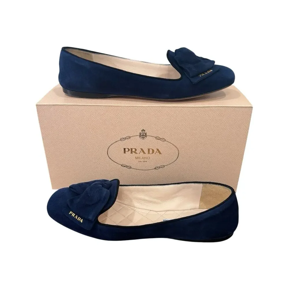Prada Navy Suede Bow Flats Size 38 EU 8 US Quilted Leather Interior Box Dust Bag